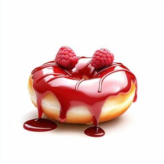 Oozing raspberry sauce over a donut, isolated on a white background, emphasizing the rich, dripping texture.