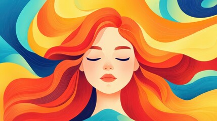A vibrant, abstract illustration of a young woman with red hair, embodying an underwater, mermaidinspired theme.