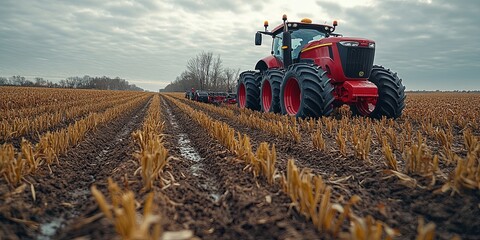 Obraz premium A powerful red tractor cultivates the soil, preparing the land for planting in the coming season.