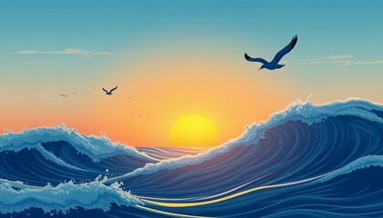 sea waves background with a birds and sunset illustration