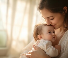 A tender moment between a mother and her baby, showcasing love and warmth in a softly lit environment.