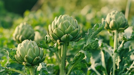 Obraz premium Lush green artichokes thriving on a slow food farm in Germany. Ripe and ready for harvest, these vegetables are a prime example of sustainable agriculture.