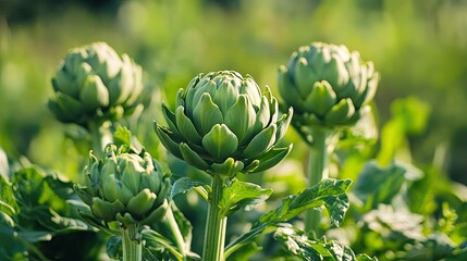 Fototapeta premium Lush green artichokes thriving on a slow food farm in Germany. Ripe and ready for harvest, these vegetables are a prime example of sustainable agriculture.