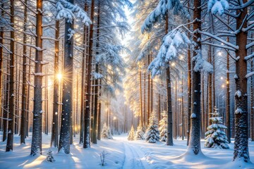 Snowy forest pathway with frosted pine trees and morning sun