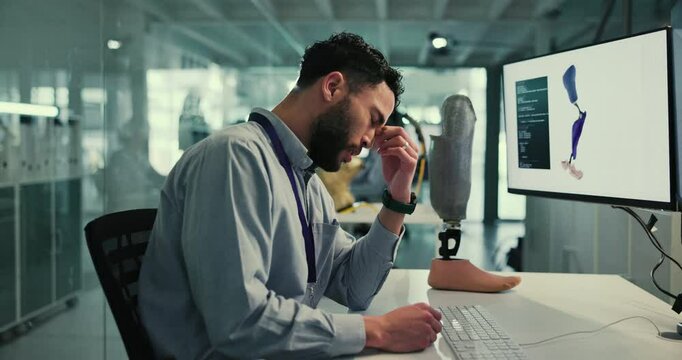 Business, computer and man with headache, stress and compliance for robotics development. Tired, evening and engineer with pc, screen and migraine with deadline, mistake and internet with fatigue