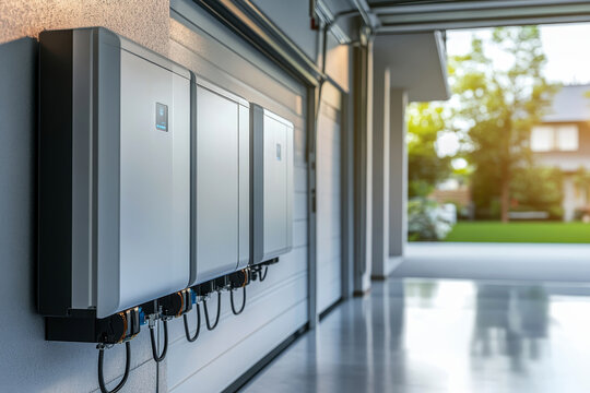Concept of a home battery packs alternative electric energy storage system at modern home garage wall as backup or sustainable energy concepts.