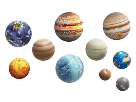 set of planets from the solar system, isolated against a transparent background
