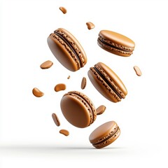Fototapeta premium Flying chocolate macarons, isolated against a white background, dynamic and playful.