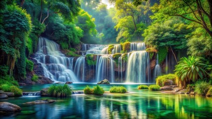 Obraz premium Waterfall landscape painting with cascading waters and lush green surroundings, waterfall, landscape, painting, nature