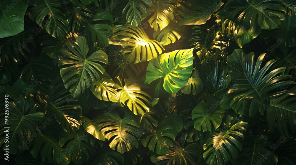 Sticker Lush green tropical leaves with sunlight shining through.