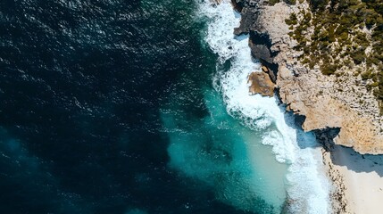 Aerial View of Turquoise Ocean Waves Crashing on Rocky Coastline - Powered by Adobe