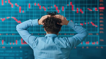A young businessman stares at a glowing forex chart, sensing the weight of financial crisis looming overhead.