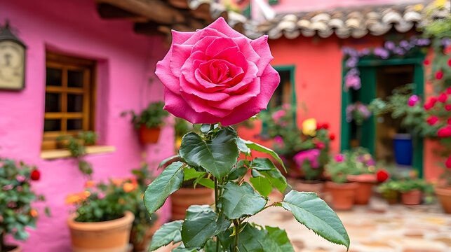 Pink Rose Blooming in Front of Colorful Building