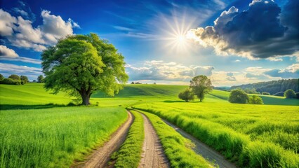 Obraz premium Peaceful stroll through vibrant green fields on a sunny day, serene, tranquil, nature, landscape, outdoors, foliage, walking