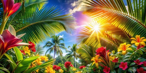Cute tropical summer wallpaper featuring vibrant palm leaves and colorful exotic flowers in sunlight