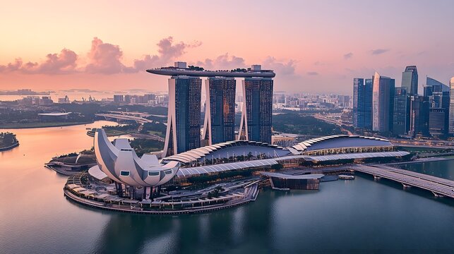 Marina Bay Sands Singapore Skyline at Sunset with ArtScience Museum