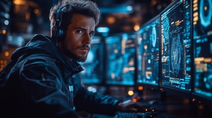 Fototapeta premium Focused Hacker in a Dark Room with Computer Screens