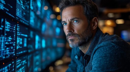 Man Gazing at a Wall of Computer Screens