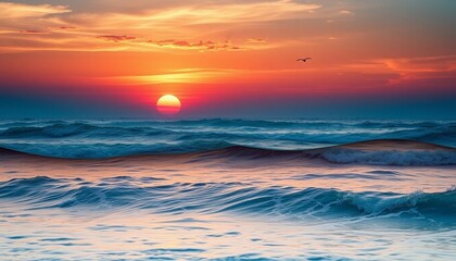 Fototapeta premium 3d sea waves layered background with a birds and sunset