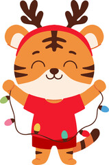 Cute cartoon tiger with Christmas lights and reindeer antlers