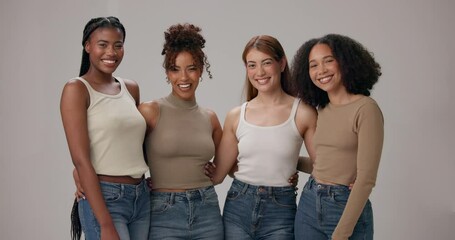Diversity, hug and face of women in studio for support, solidarity and bonding for inclusion. Friends, happy and portrait of people with natural beauty, confidence and wellness on gray background