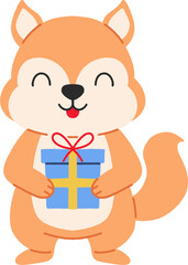 Cute cartoon squirrel holding gift box. Concept of happiness, celebration, and giving