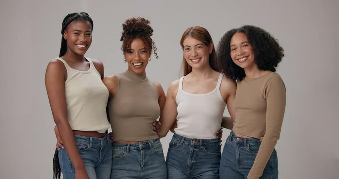 Diversity, hug and face of women in studio for support, solidarity and bonding for inclusion. Friends, happy and portrait of people with natural beauty, confidence and wellness on gray background