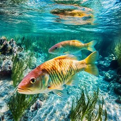 Naklejka premium Brightly colored fish swimming in a crystal-clear river, aquatic plants waving in the current, an underwater paradise