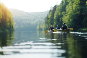 A Team Of Friends Takes On A Rowing Challenge At A Lake. They Work Together To Keep The Boat Moving Fast