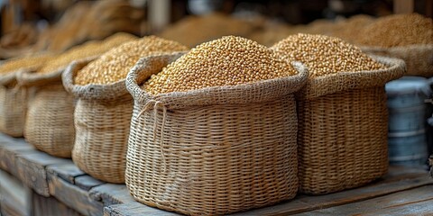 A row of woven baskets overflowing with golden grains, a rustic display of harvested bounty