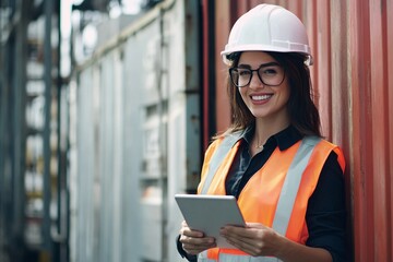 Confident female engineer in safety gear using tablet at construction site, showcasing modern industry and technology integration.
