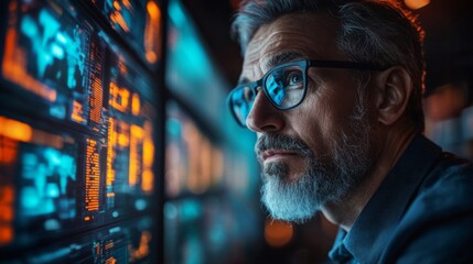 A Thoughtful Man Gazing at a Wall of Monitors