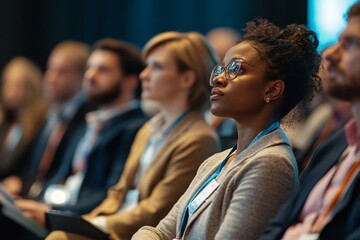 Obraz premium Focused professional attending a conference, captivated by a speaker. Ideal for business and learning themes.