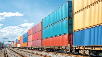 Multiple train carriages stacked with containers in a logistics hub