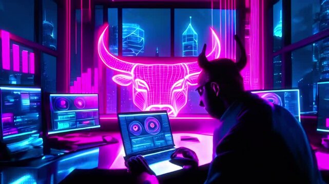A person sits in front of a computer with neon lights, working on a trading strategy with a futuristic cityscape outside.