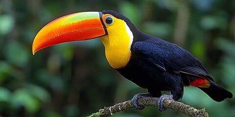 Obraz premium A vibrant toucan with a striking orange, yellow, and black plumage perched on a branch, its large beak catching the light, a symbol of tropical beauty and vibrant life.