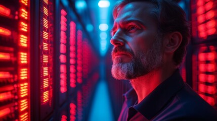 Fototapeta premium Man Contemplating Amidst Server Racks