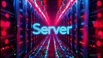Neon "Server" sign in a server room with red and blue lights. - Powered by Adobe