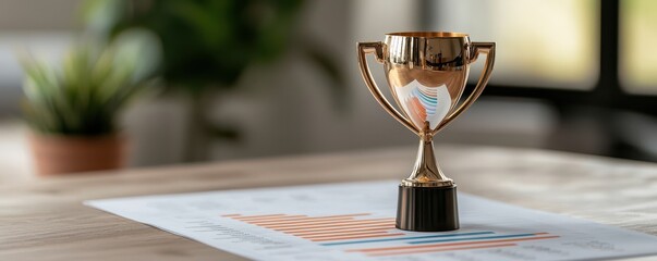 gold trophy placed on a chart, symbolizing achievement and success in business.