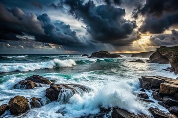 Fototapeta premium Dark Ocean Storm Waves Crashing Against Rocky Shore Under Ominous Skies and Turbulent Waters