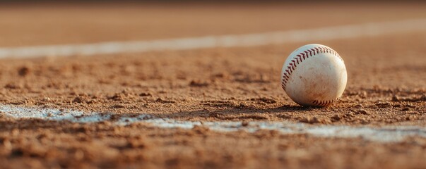 f a baseball resting on the dirt field, highlighting the texture and detail of the surface.