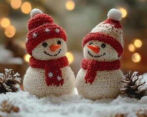 mini fireplace with 2 snowman and christmas tree element decorations in the field white snow background Focuss, 8k,