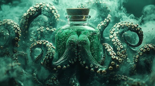 Osminog brand cocktail in the form of an elixir lamp with green liquid and smoke in the ocean, and tentacles are trying to capture it