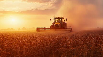 Obraz premium A modern tractor harvesting a field of ripe soybeans, with dust clouds rising