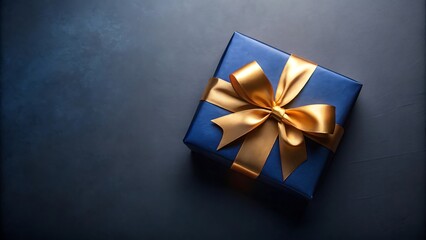 blue gift box with golden ribbon isolated on dark background with copy space