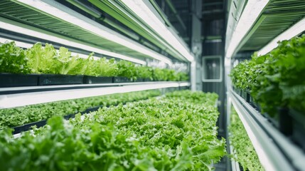A modern vertical farm with rows of leafy greens growing indoors under artificial lights