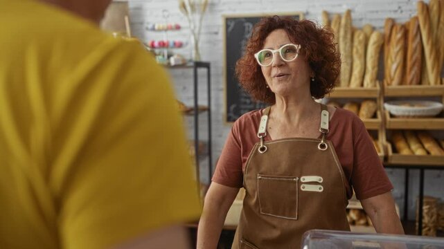 Woman baker and man customer in a bakery interior with bread display in background having a conversation