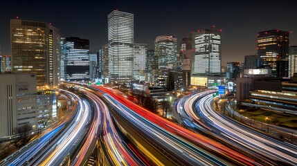 Obraz premium Night Cityscape with Light Trails and Skyscrapers