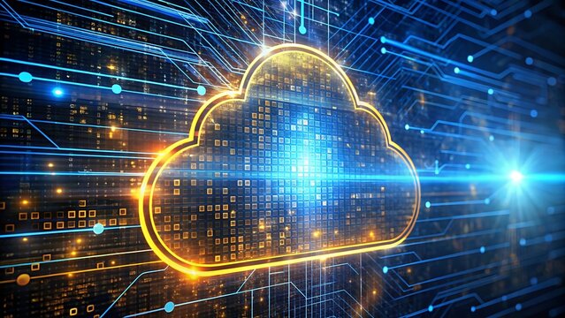 Abstract Digital informational technology futuristic background with cloud icon, blue golden light cloud computing. Abstract background  digital data flow