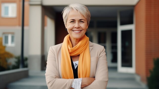 A smiling mature female principal with short hair stands confidently in the school hallway, exuding leadership and warmth.